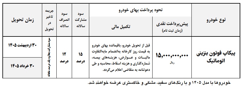  طرح جدید فروش پیکاپ فوتون اتوماتیک (بهمن 1404) 
